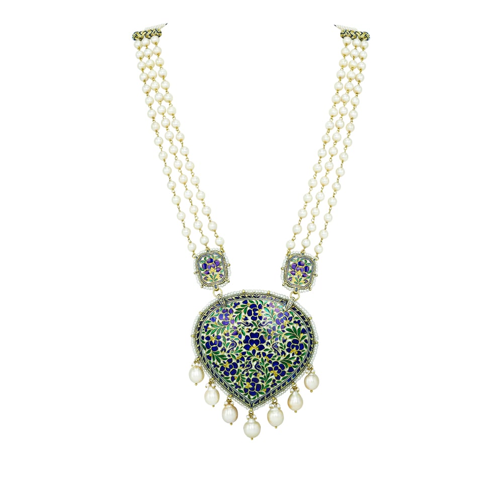 Pearl Strand Necklace with Blue Meena Polki Floral Pendant